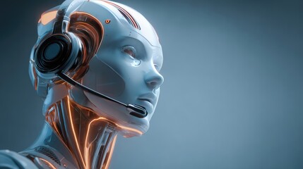 an AI android with headphones and microphone, symbolizing the future of communication
