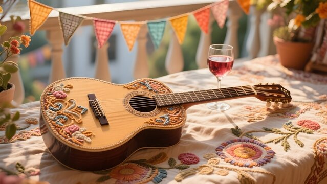 Decorated guitar resting on a floral tablecloth with a glass of red wine and colorful bunting in the background.
