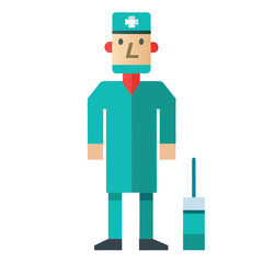Cartoon surgeon in scrubs with medical equipment