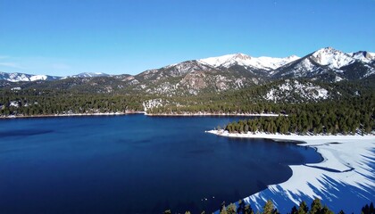 High-altitude view of a serene lake partially frozen, nestled amongst snow-dusted mountains under a clear blue sky
