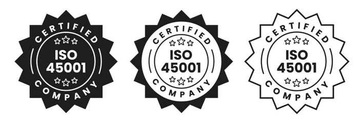 ISO 45001 Certified Company Stamp Badge Seal, Label Quality Assurance Compliance Mark for Occupational Health and Safety Management Standard Certification Vector Illustration on Transparent Background