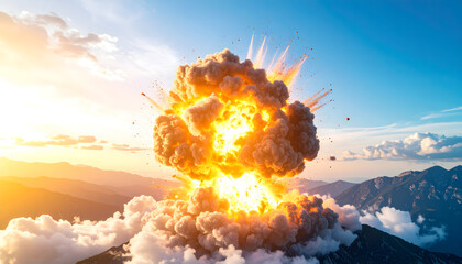 Explosive Cloud Formation Over Mountain Range Under Clear Blue Sky with Bright Light