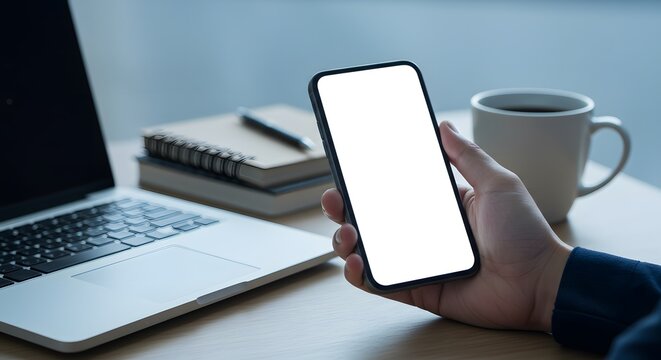 Smartphone with Blank Screen on Desk with Laptop and Coffee