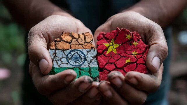 A person is holding two pieces of broken China and India flags in their hands. Hands holding cracked ceramic tiles painted as India China flags, dramatic symbolic close‑up, india china border