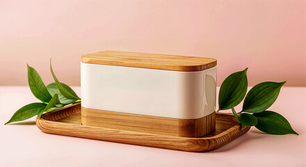 Minimalist wooden soap container with organic soap on pastel background, sustainable eco friendly product design for bathroom, personal hygiene, and natural care.
