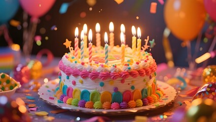 Colorful Birthday Cake with Lit Candles and Confetti
