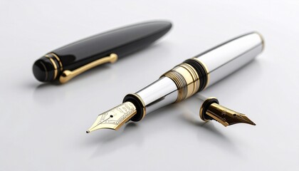 Black fountain pen with gold accents, uncapped with visible gold nib and cap placed beside it