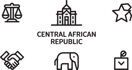 Central African Republic National Symbols Outline Icons Set. Justice, Government, Star, Handshake, Elephant