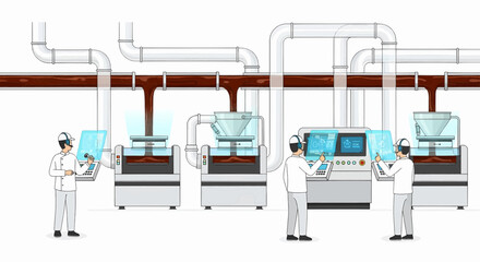 Futuristic smart factory with workers operating an automated food production line with advanced digital interfaces.
