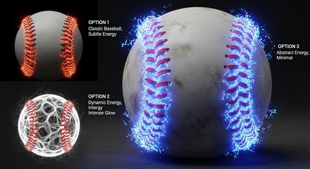 Three baseballs with different energy effects shown in a dark background comparison display