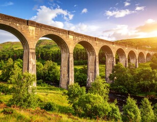 Fototapeta premium Sunlit stone viaduct spans a verdant valley, river flowing below