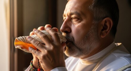 Man blowing a conch shell for a religious ceremony