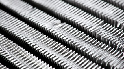 Close-up of metallic fins, rows of precise, textured metal