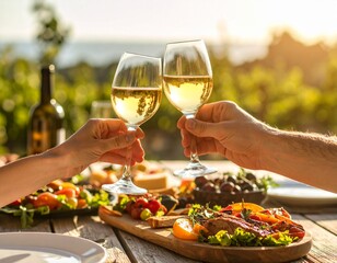 Couple celebrating with a romantic white wine toast over an alfresco dinner in a sunny vineyard