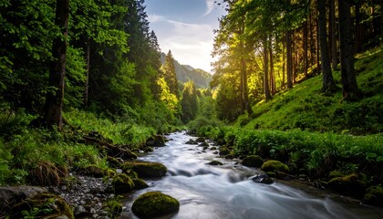 Obraz premium Sunlit stream flows through lush green forest valley