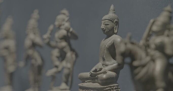Old Ancient Bronze Figurines Of Indian Deities And Avatars. 10-19th Century Ce. Ungraded C LOG 2 Rama Avatara, Krishna Avatara, Buddha. Close-up View on Kalki Avatara