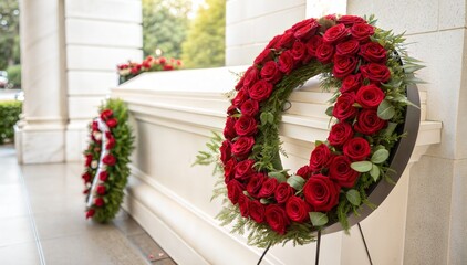 Funeral wreath, shutterstock, stock photo, adobe stock as a solemn tribute with roses, laying on ground covered with colorful leaves. 