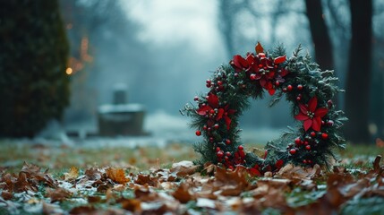 Funeral wreath,  on autumn leaves in a somber outdoor setting. 