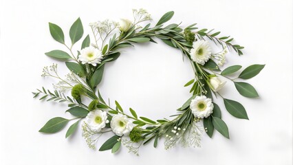 Floral wreath on white background showcases circular arrangement of green eucalyptus leaves, delicate gypsophila, and white gerbera daisies.