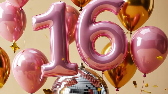 Vibrant sweet 16 celebration with floating pink balloons and golden confetti