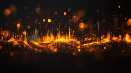 Fototapeta premium Golden abstract city skyline with glowing lights and bokeh effect on dark background