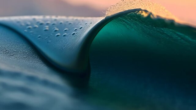 Dynamic ocean wave close-up capturing glowing sunset reflections and foam