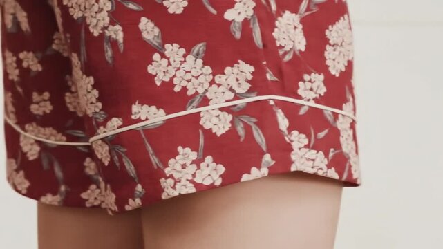 Close-up view of red floral shorts, showcasing fabric detail and hemline A detailed look at summer fashion, ideal for a relaxed style