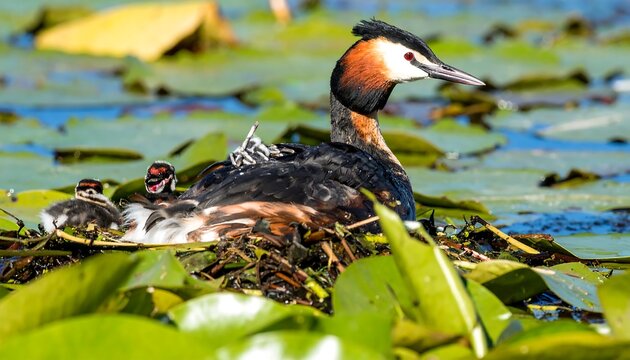 Great crested grebe with chicks in a nest on lily pads.