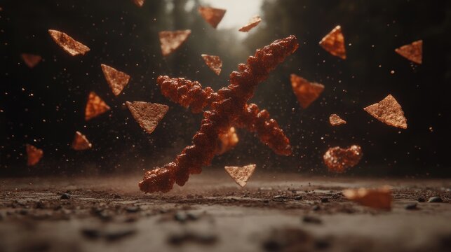 Dynamic shot capturing flying takis and doritos chips in a dark cinematic environment