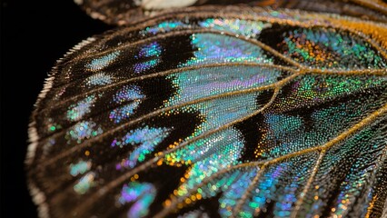 Close-up of a Butterfly Wing with Intricate Patterns and Iridescent Scales