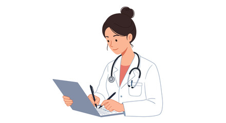 Female doctor character in a white coat writing patient notes on a clipboard. Healthcare and medical service concept vector illustration.