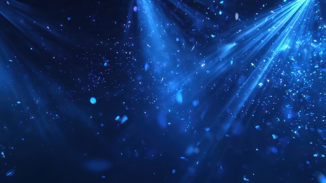 Blue Glitter Particles Floating in Light Beams isolated on a transparent background