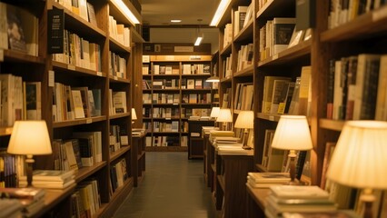 Cozy library interior with wooden shelves, books, and warm lighting