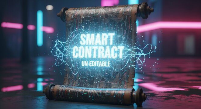 A futuristic smart contract scroll with glowing text and a neon background in a modern setting