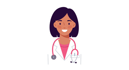 Fototapeta premium Illustration of a smiling female doctor wearing a white coat and stethoscope, ready to help patients.