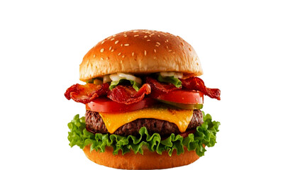 Classic Beef Burger with Cheese and Vegetables Isolated on Transparent Background