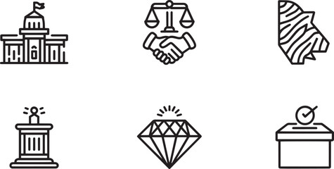 Government Building Icon Set Depicting Justice, Leadership, Wealth, and Civic Engagement