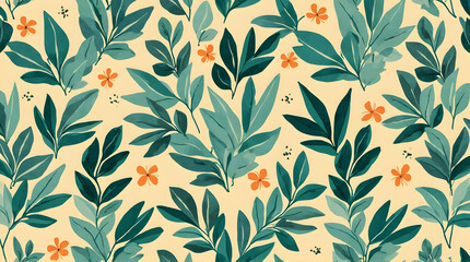 Floral Leaf Pattern with Small Flowers and Green Leaves on Light Background