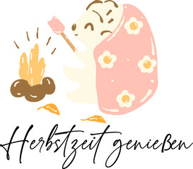 Herbstzeit genießen, Herbst, Camping, Igel, Blatt, Vector Illustration