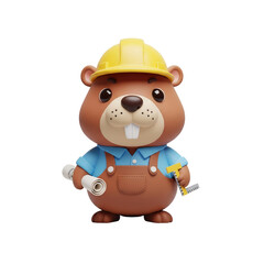 Fototapeta premium Cartoon Beaver Character Wearing a Hard Hat and Holding Construction Tools On transparent Background