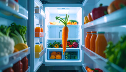 Vibrant Refrigerator Interior Showcasing Fresh Vegetables and Fruits with Carrot in Center Illuminated by Cool Lighting