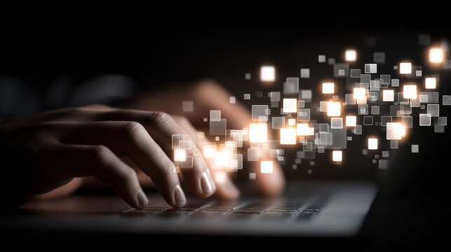 Close-up of glowing futuristic data icons floating above hands typing on modern laptop, photorealistic