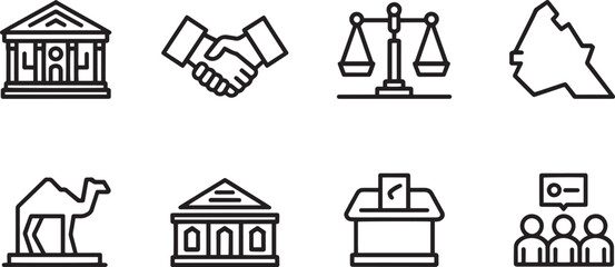 Governmental Symbols Set Building Handshake Scales Jordan Map Camel Ballot People Icons