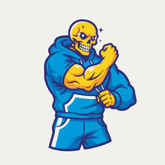 Cartoon skeleton flexing muscles wearing a hoodie and shorts, showing strength.