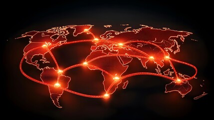 The image displays a glowing red world map silhouette with interconnected nodes, suggesting a global network or data transmission system against a dark background.