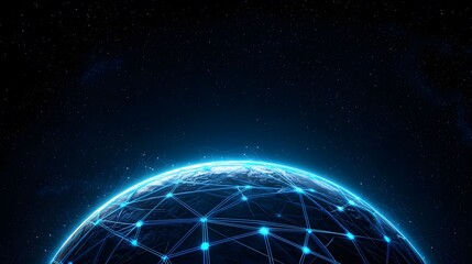 Obraz premium The image shows a digital globe with a network of blue glowing lines connected at points, set against a backdrop of a starry sky, conveying a sense of global connectivity.