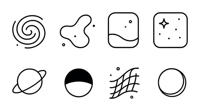 Cosmic Gradient Icons. Outline icon set of cosmic gradient visuals: galaxy blend, nebula wave, space tone,