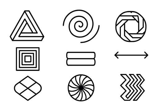 Geometric Illusions Icons. Outline icon set of geometric visual illusions: impossible triangle, rotating