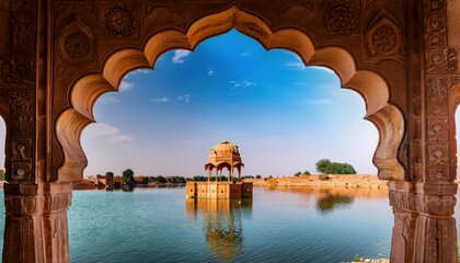 Obraz premium View of Gadi Sagar Lake Through an Arch in Jaisalmer, Rajasthan, India
