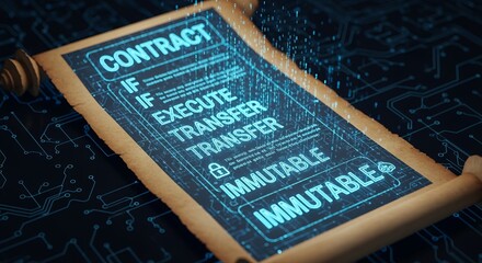 Contract scroll with execute transfer and immutable text on a dark circuit board background design